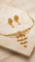 Kusumika (কুসুমিকা) Choker Set | 24K Gold Plated Handcrafted Copper Choker & Floral Drop Earrings
