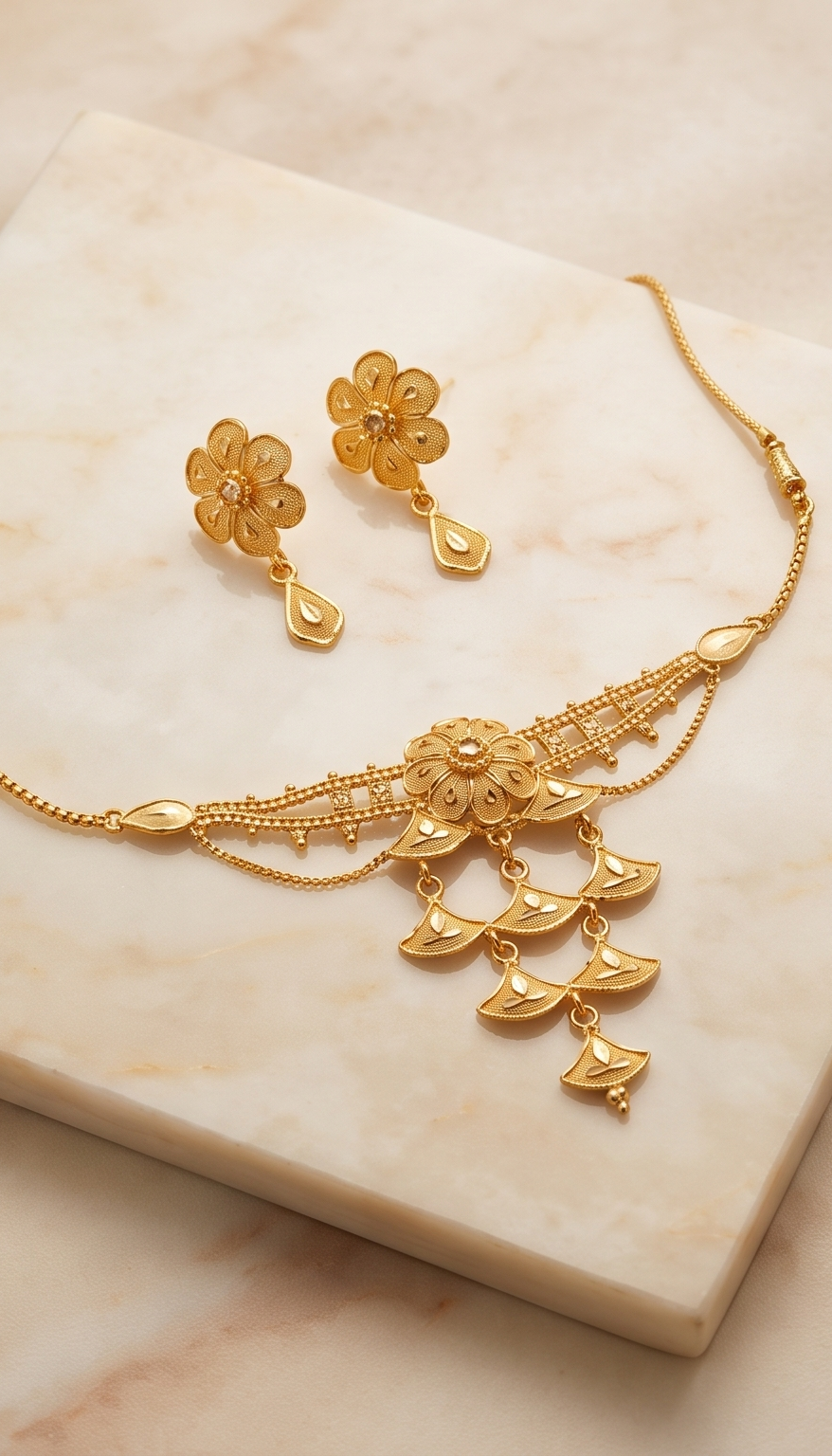 Kusumika (কুসুমিকা) Choker Set | 24K Gold Plated Handcrafted Copper Choker & Floral Drop Earrings