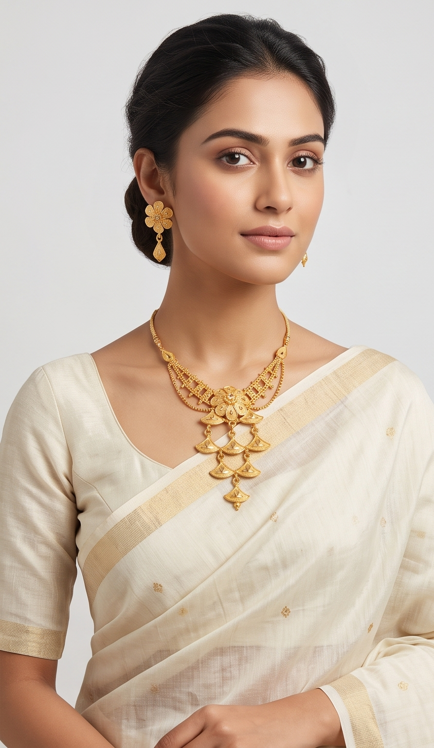 Kusumika (কুসুমিকা) Choker Set | 24K Gold Plated Handcrafted Copper Choker & Floral Drop Earrings