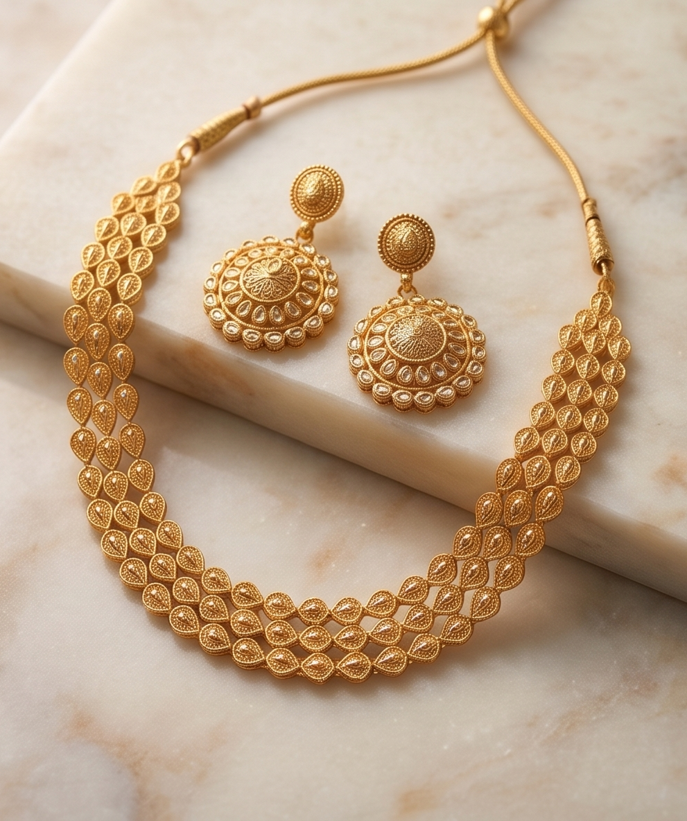 Jol-Torongo (জলতরঙ্গ) Collar Choker and earrings set| 24K Gold Plated Handcrafted Copper Three-Row Teardrop Colla and earringsr