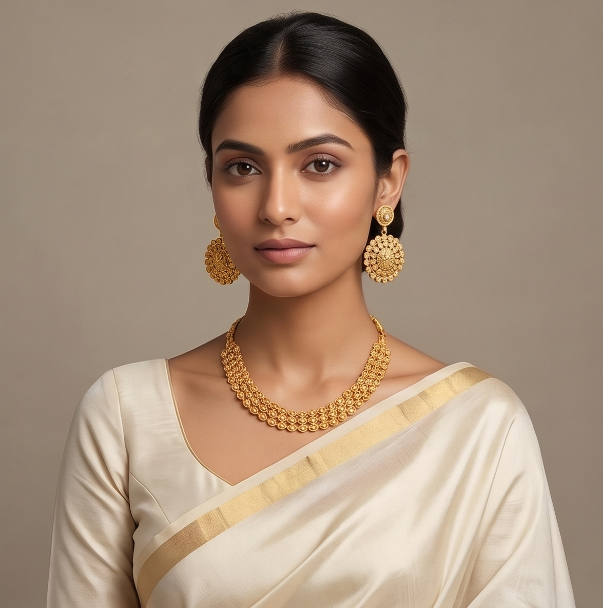 Jol-Torongo (জলতরঙ্গ) Collar Choker and earrings set| 24K Gold Plated Handcrafted Copper Three-Row Teardrop Colla and earringsr