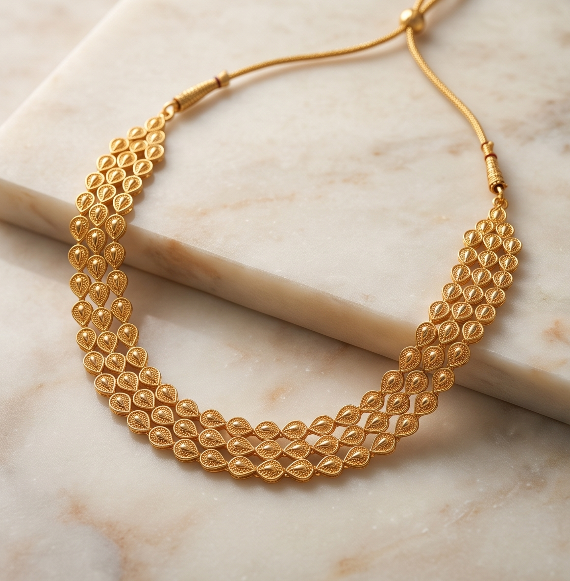 Jol-Torongo (জলতরঙ্গ) Collar Choker | 24K Gold Plated Handcrafted Copper Three-Row Teardrop Collar
