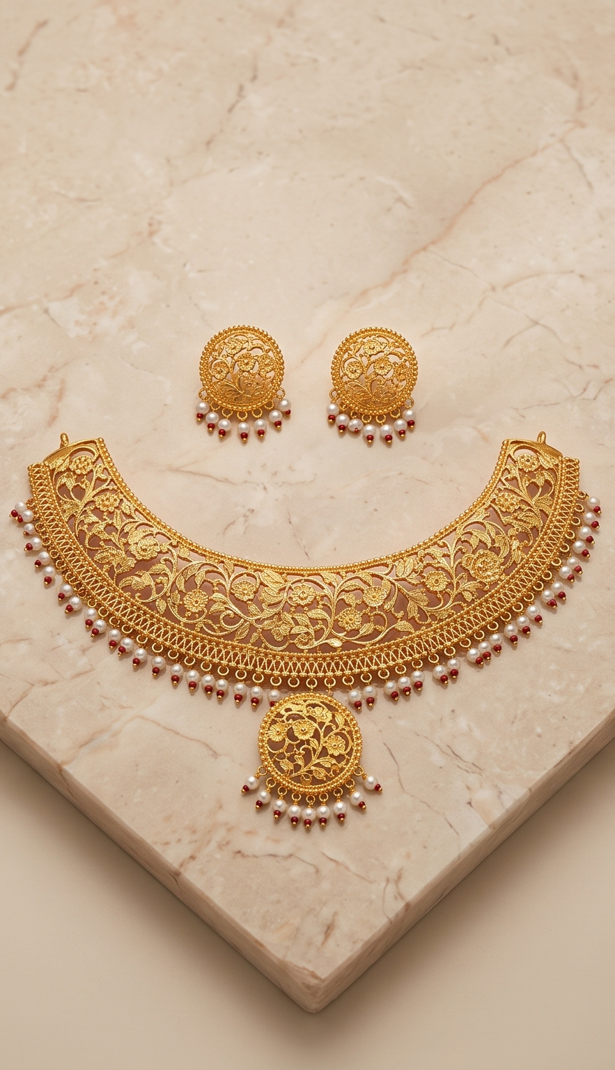 Mukta-Manjuri (মুক্তামঞ্জরী) | 24K Gold Plated Handcrafted Copper Hasli Choker with Seed Pearls & Kan-Pasha Studs