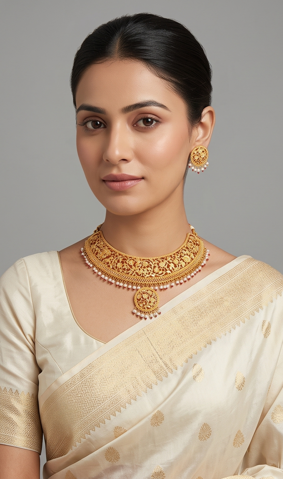 Mukta-Manjuri (মুক্তামঞ্জরী) | 24K Gold Plated Handcrafted Copper Hasli Choker with Seed Pearls & Kan-Pasha Studs