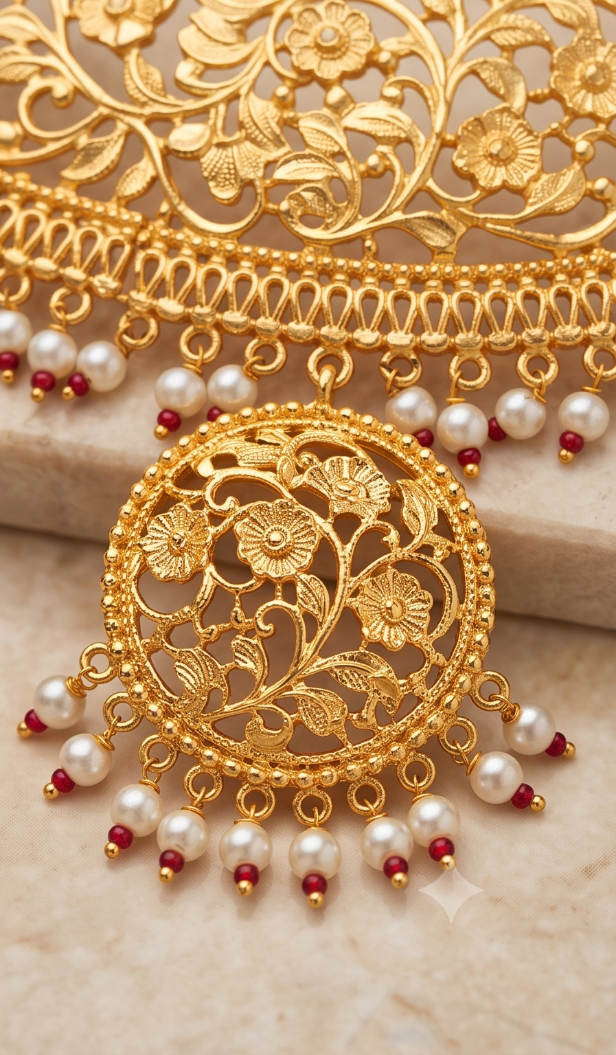 Mukta-Manjuri (মুক্তামঞ্জরী) | 24K Gold Plated Handcrafted Copper Hasli Choker with Seed Pearls & Kan-Pasha Studs