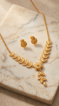 Bakul-Lata Necklace Set (বকুললতা হার) | 24K Gold Plated Handcrafted Copper Botanical Vine Necklace & Matching Leaf Tops