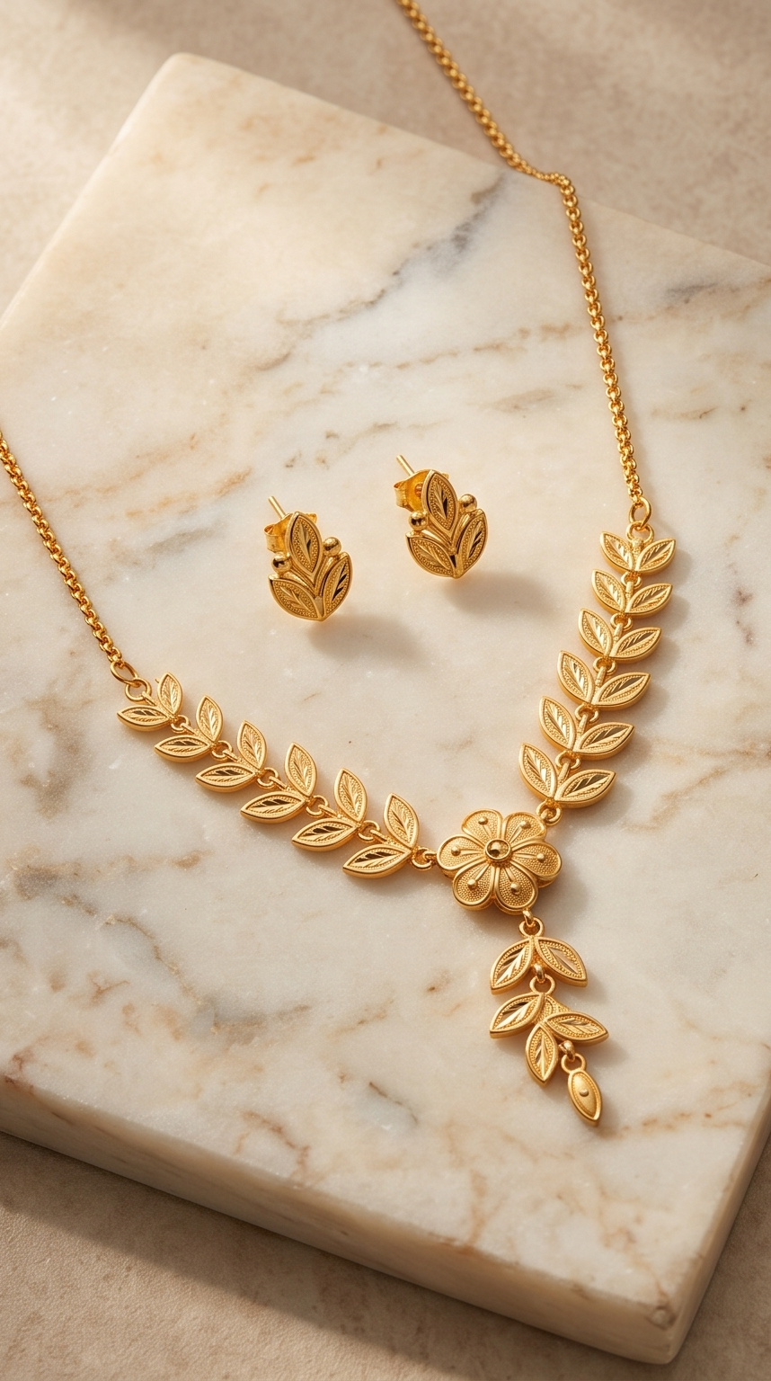 Bakul-Lata Necklace Set (বকুললতা হার) | 24K Gold Plated Handcrafted Copper Botanical Vine Necklace & Matching Leaf Tops