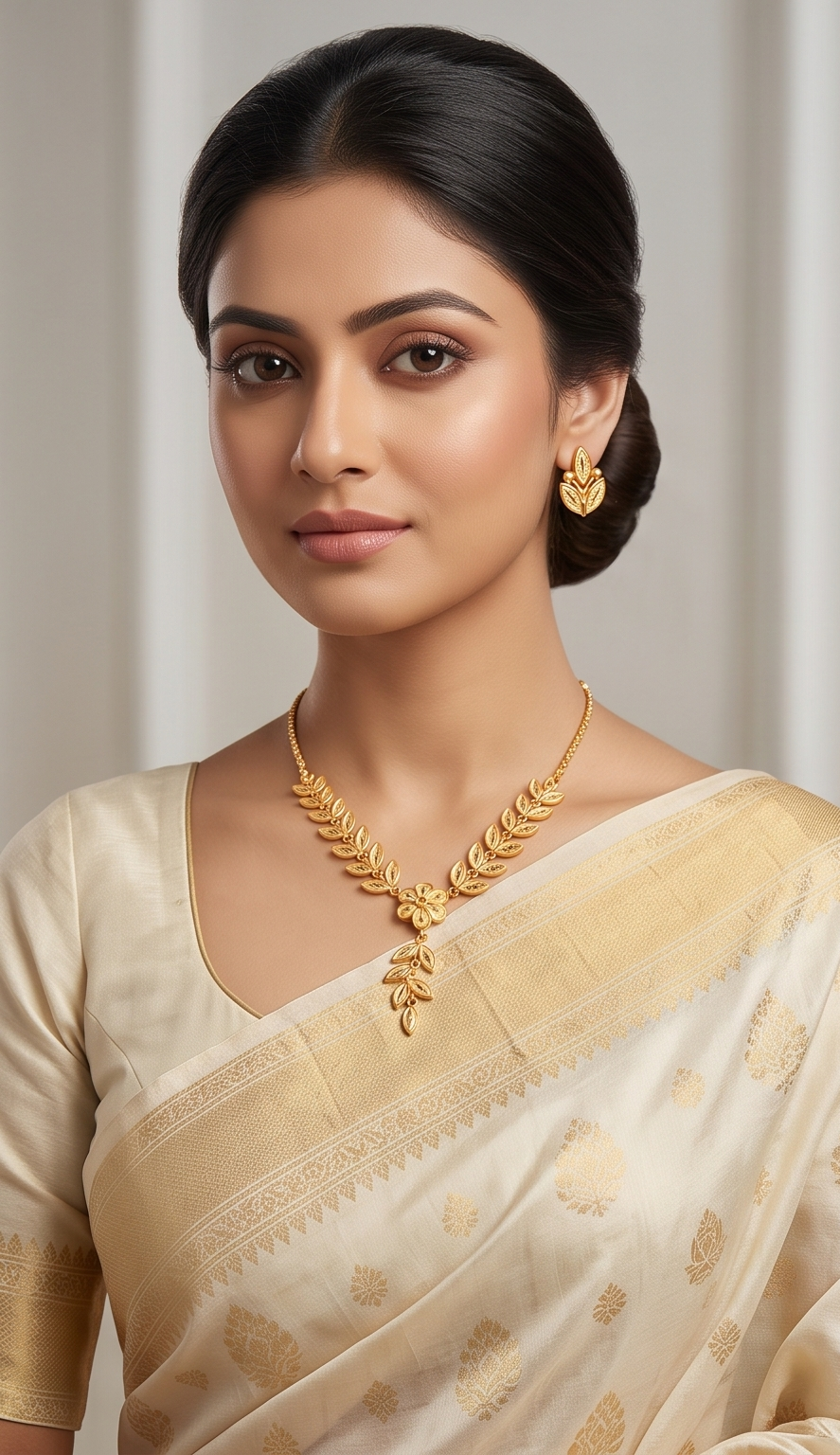 Bakul-Lata Necklace Set (বকুললতা হার) | 24K Gold Plated Handcrafted Copper Botanical Vine Necklace & Matching Leaf Tops