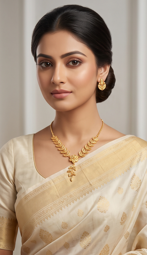 Bakul-Lata Necklace Set (বকুললতা হার) | 24K Gold Plated Handcrafted Copper Botanical Vine Necklace & Matching Leaf Tops