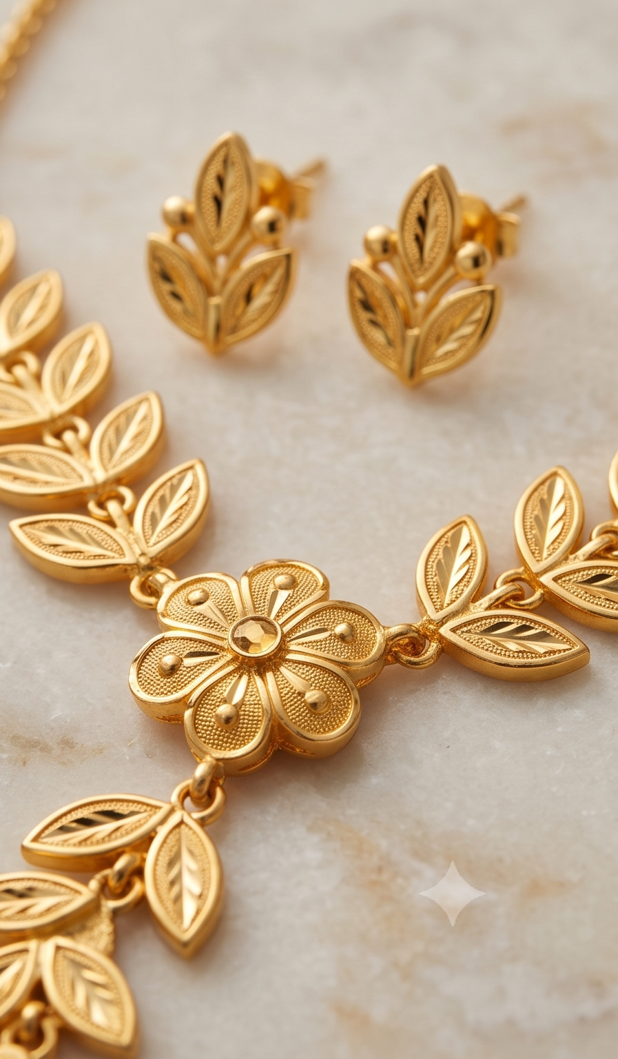 Bakul-Lata Necklace Set (বকুললতা হার) | 24K Gold Plated Handcrafted Copper Botanical Vine Necklace & Matching Leaf Tops