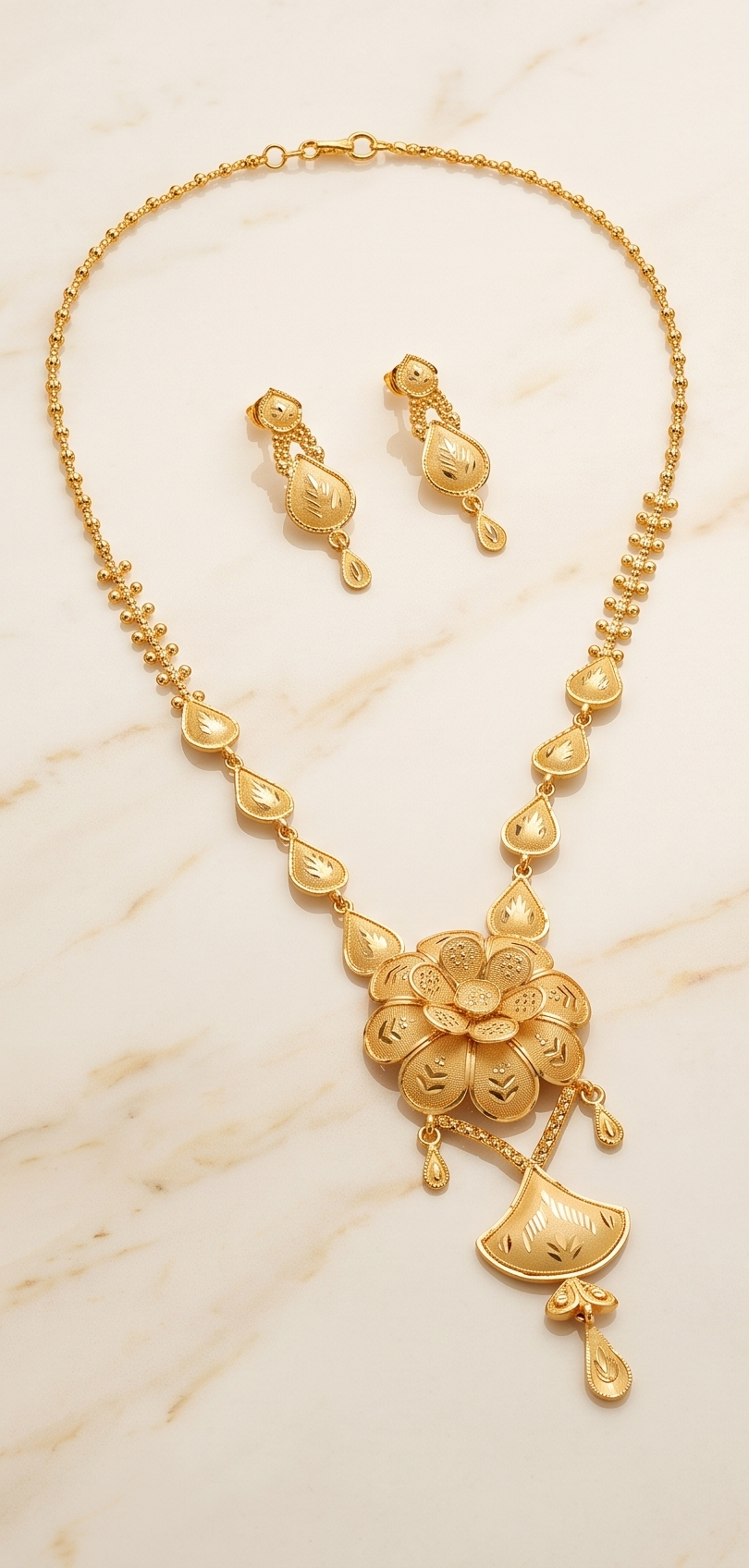 Shonali Podmo (সোনালী পদ্ম) | 24K Gold Plated Handcrafted Copper Lotus-and-Fan Long Necklace with Teardrop Drops