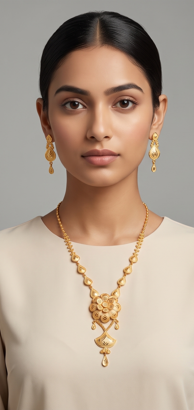 Shonali Podmo (সোনালী পদ্ম) | 24K Gold Plated Handcrafted Copper Lotus-and-Fan Long Necklace with Teardrop Drops