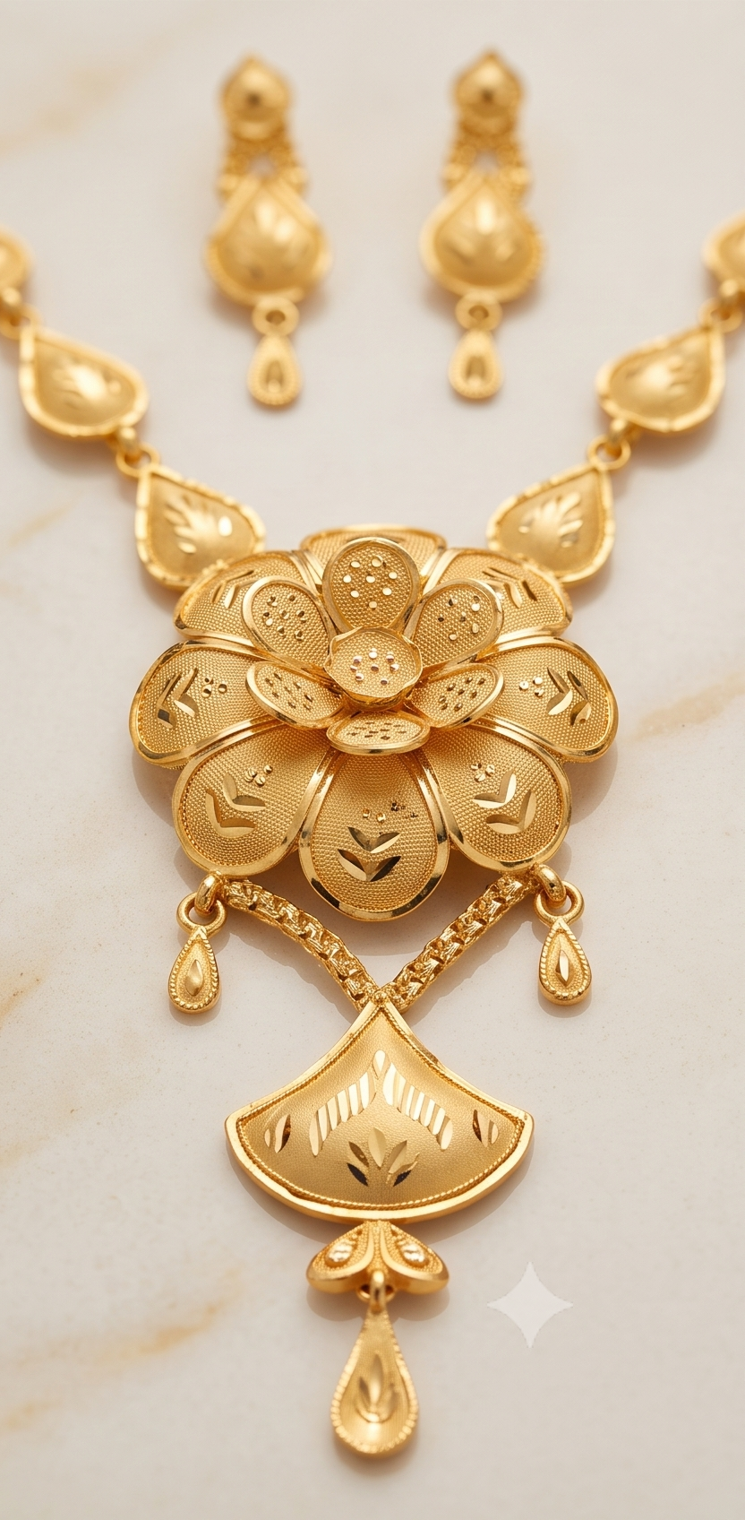 Shonali Podmo (সোনালী পদ্ম) | 24K Gold Plated Handcrafted Copper Lotus-and-Fan Long Necklace with Teardrop Drops