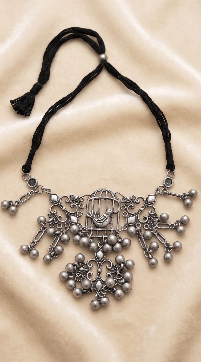 Khachar-Pakhi (খাঁচার পাখি) | German Silver Caged Bird & Cascading Ghungroo Statement Collar Necklace
