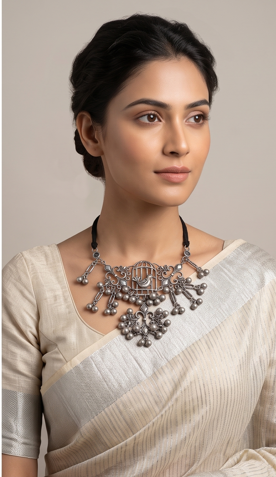 Khachar-Pakhi (খাঁচার পাখি) | German Silver Caged Bird & Cascading Ghungroo Statement Collar Necklace