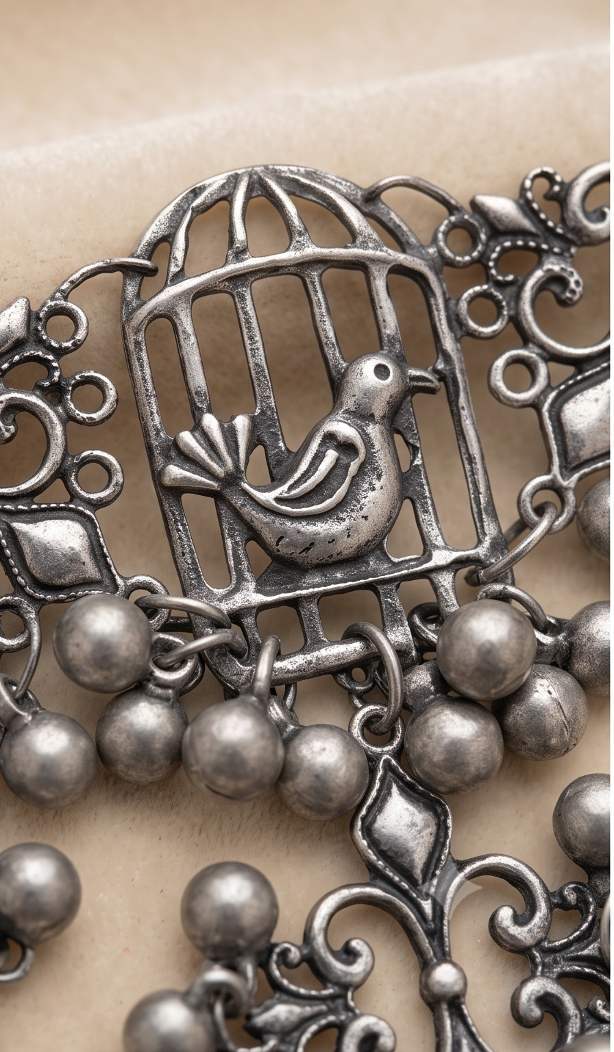 Khachar-Pakhi (খাঁচার পাখি) | German Silver Caged Bird & Cascading Ghungroo Statement Collar Necklace