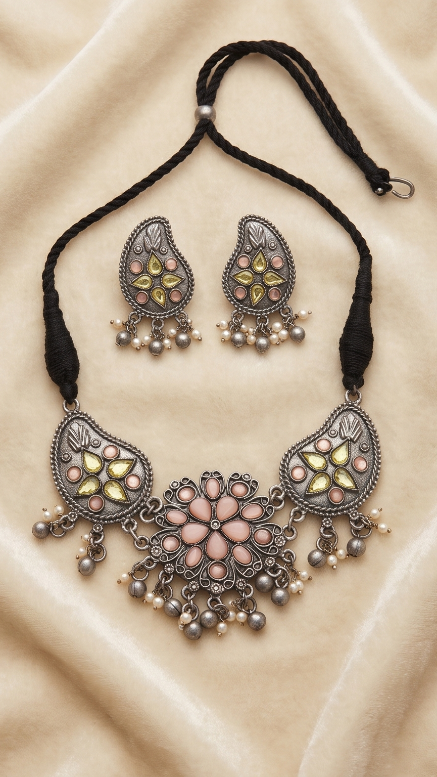 Kalkamoni (কলকামণি) | German Silver Traditional Kalka & Blush Floral Medallion Choker Set