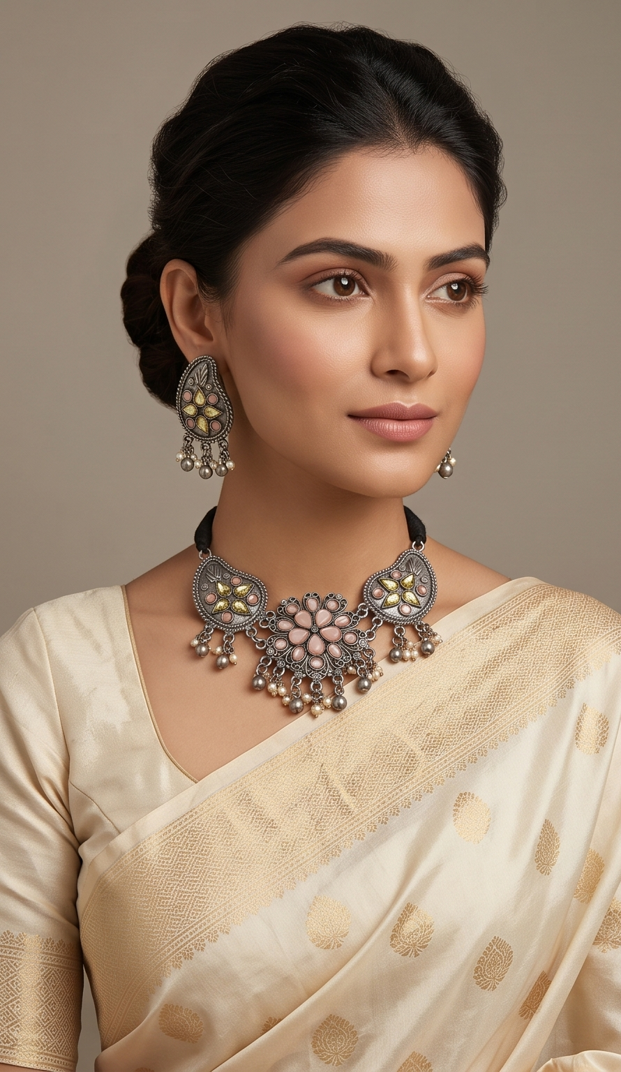 Kalkamoni (কলকামণি) | German Silver Traditional Kalka & Blush Floral Medallion Choker Set