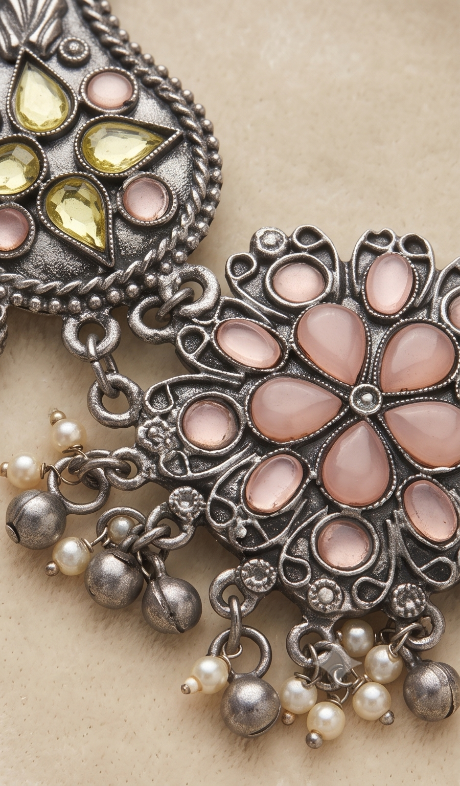 Kalkamoni (কলকামণি) | German Silver Traditional Kalka & Blush Floral Medallion Choker Set