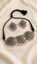 Swarnachhobi (স্বর্ণছবি) | Dual-Tone German Silver & Gold Jaali Shield Choker & Stud Set