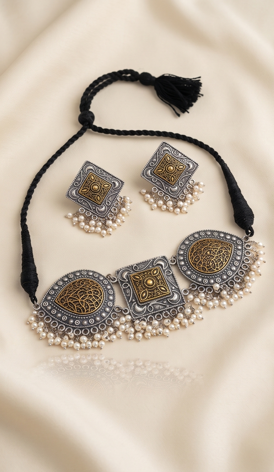 Swarnachhobi (স্বর্ণছবি) | Dual-Tone German Silver & Gold Jaali Shield Choker & Stud Set