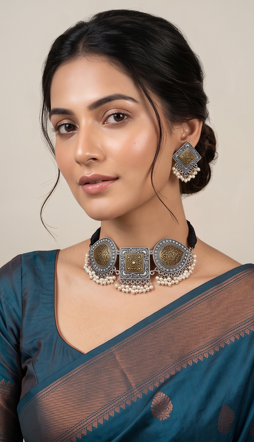 Swarnachhobi (স্বর্ণছবি) | Dual-Tone German Silver & Gold Jaali Shield Choker & Stud Set
