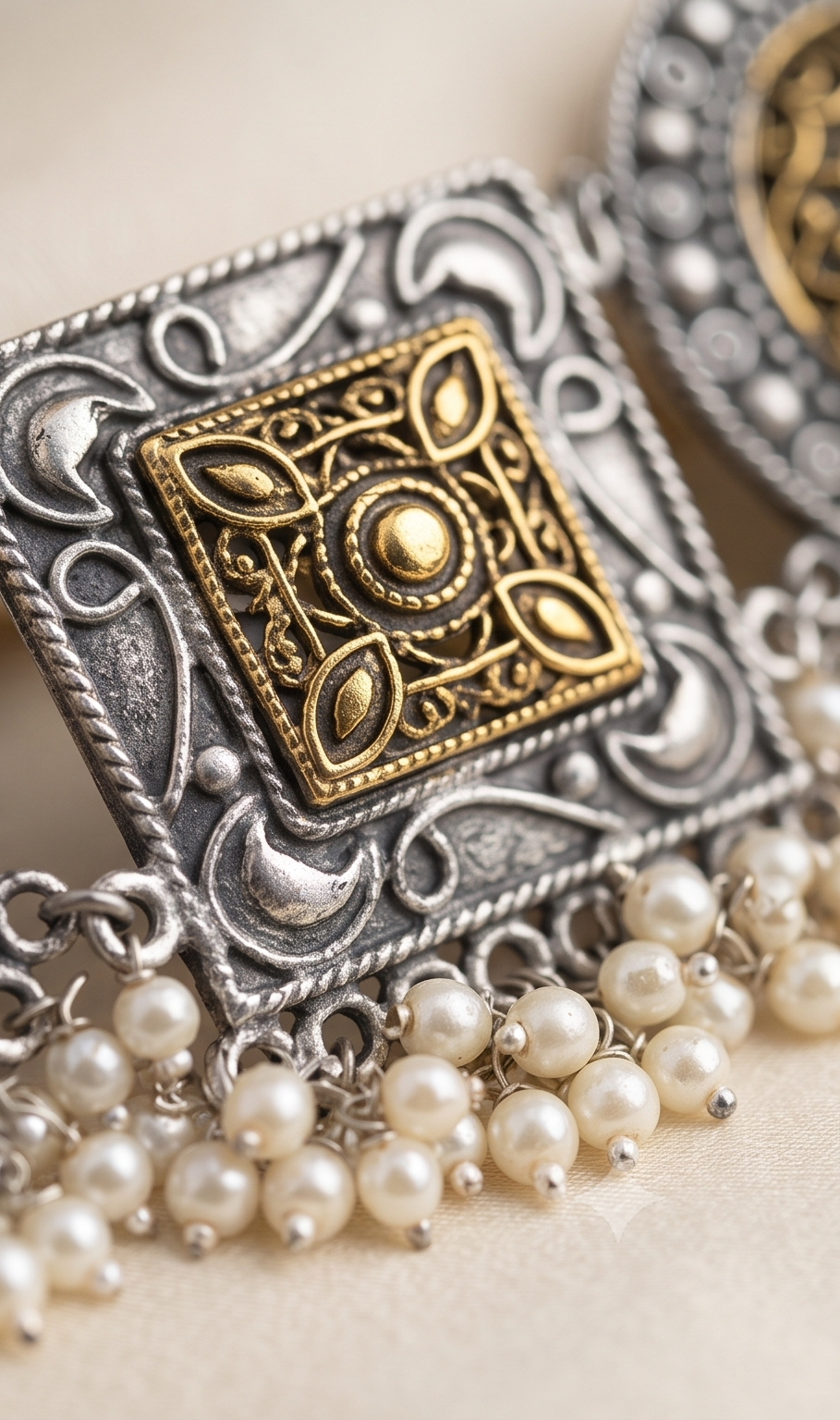 Swarnachhobi (স্বর্ণছবি) | Dual-Tone German Silver & Gold Jaali Shield Choker & Stud Set