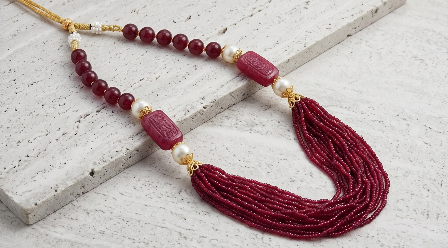 Regal Crimson Multi-Strand Beaded & Carved Stone Statement Necklace