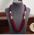 Regal Crimson Multi-Strand Beaded & Carved Stone Statement Necklace