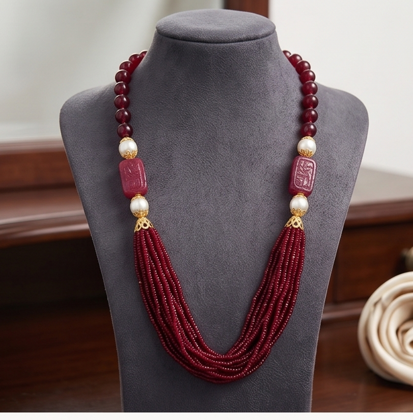 Regal Crimson Multi-Strand Beaded & Carved Stone Statement Necklace