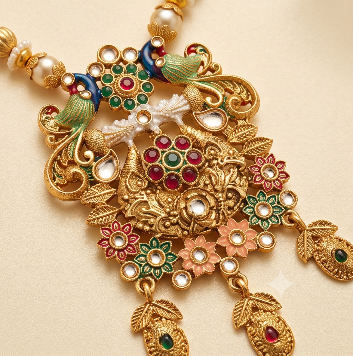 Kalyani | Antique Gold Multi-Strand Pearl Mala & Enameled Peacock Temple Pendant Set