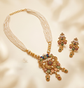 Kalyani | Antique Gold Multi-Strand Pearl Mala & Enameled Peacock Temple Pendant Set