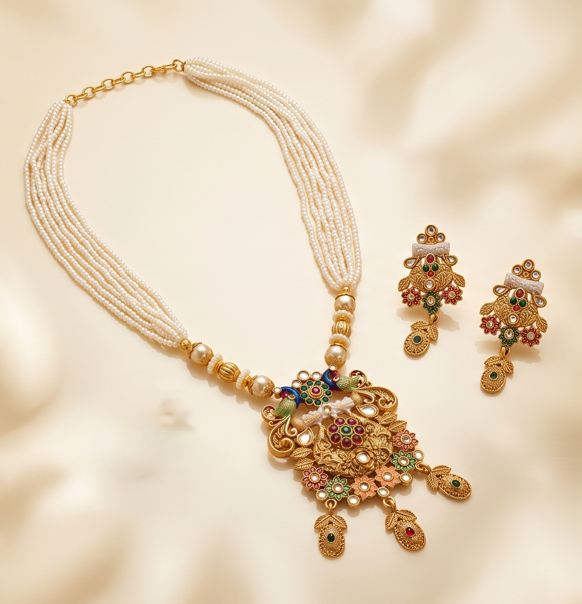 Kalyani | Antique Gold Multi-Strand Pearl Mala & Enameled Peacock Temple Pendant Set