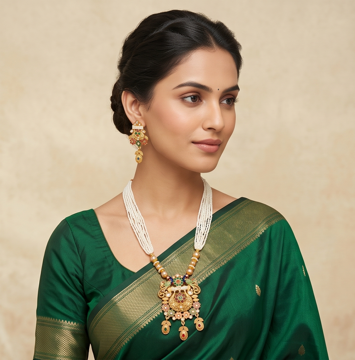 Kalyani | Antique Gold Multi-Strand Pearl Mala & Enameled Peacock Temple Pendant Set