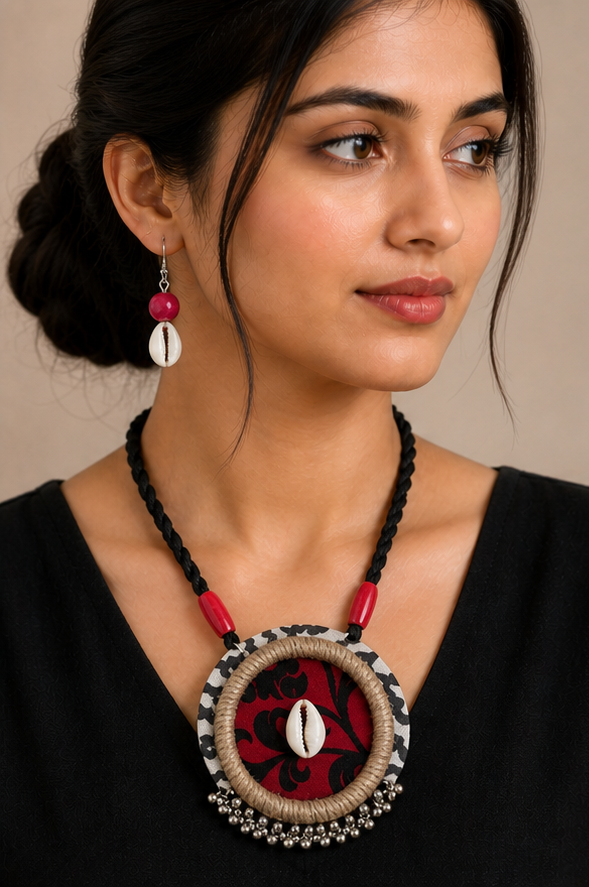 Handcrafted Fabric & Cowrie Shell Medallion Necklace Set with Earrings