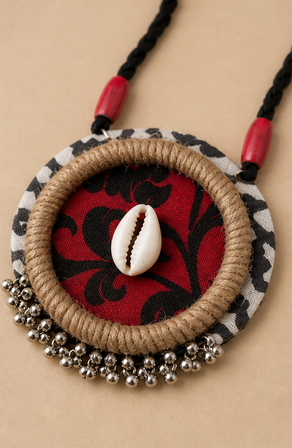 Handcrafted Fabric & Cowrie Shell Medallion Necklace Set with Earrings