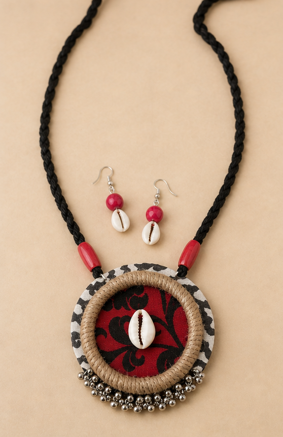 Handcrafted Fabric & Cowrie Shell Medallion Necklace Set with Earrings