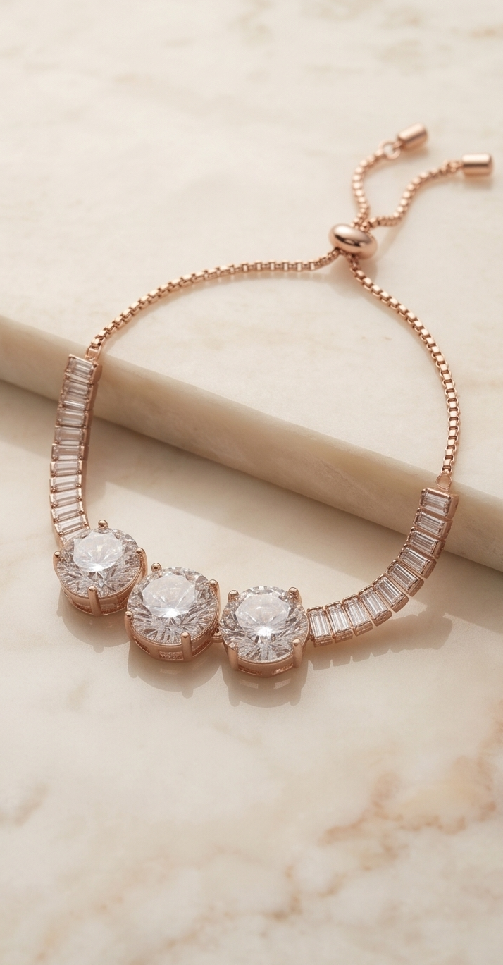 Rose Gold Cubic Zirconia Three-Stone Bolo Bracelet