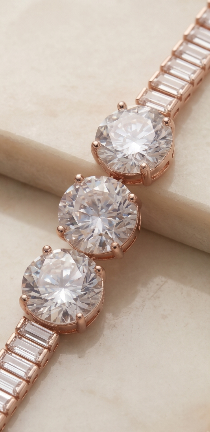 Rose Gold Cubic Zirconia Three-Stone Bolo Bracelet