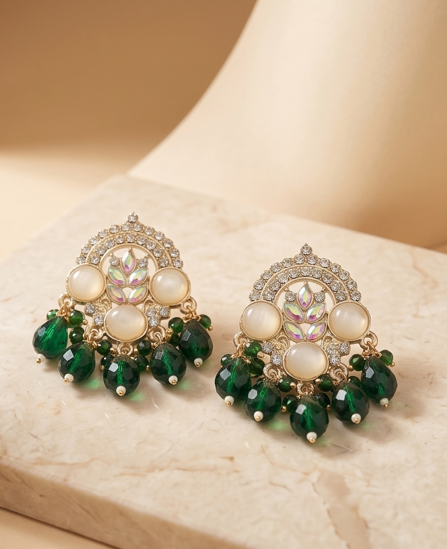 Opulent Emerald & Milky Stone Chandbali Stud Earrings