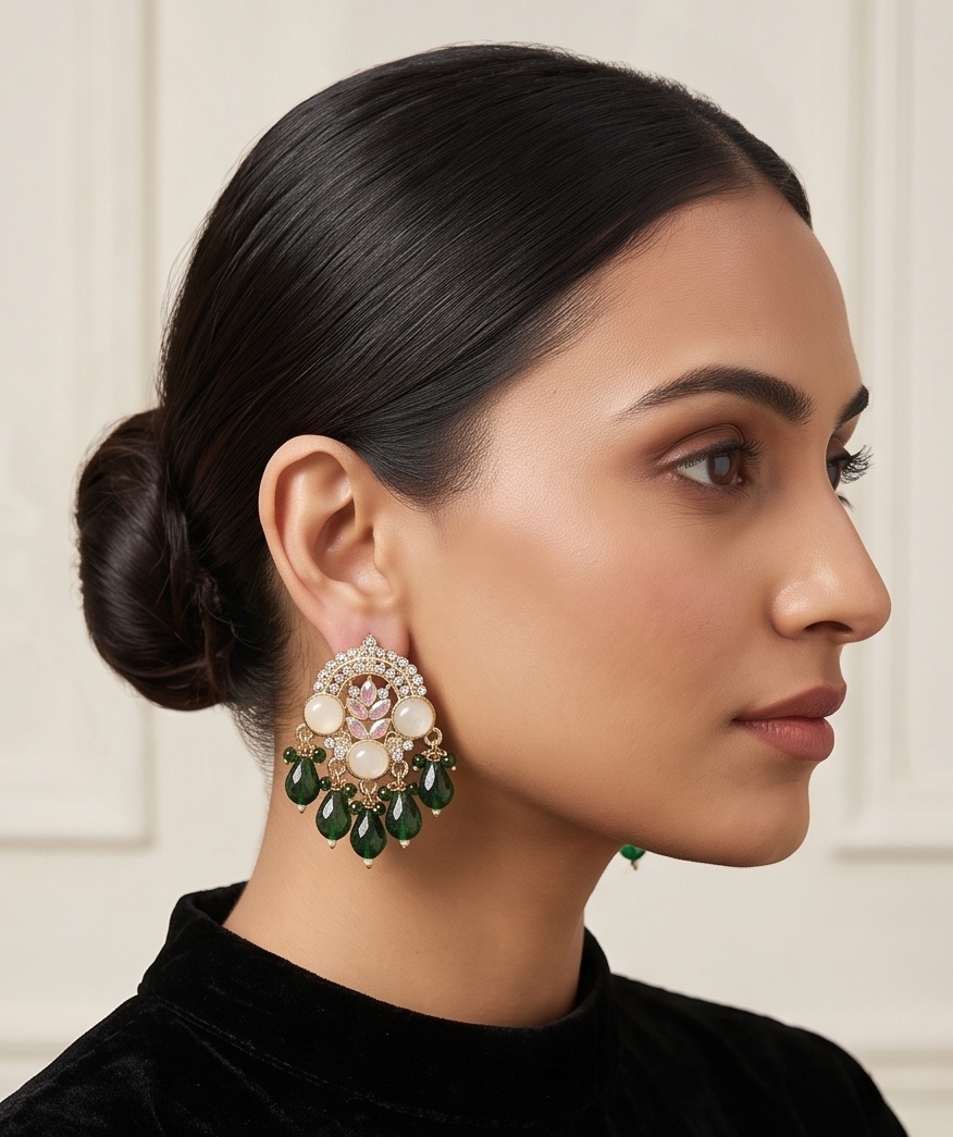Opulent Emerald & Milky Stone Chandbali Stud Earrings