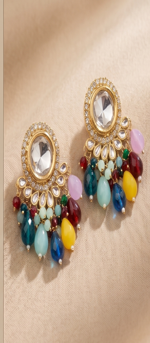 Multicolor Kundan & Bead Cluster Statement Drop Earrings
