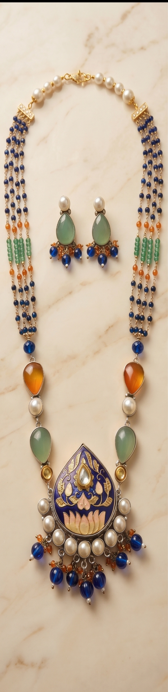 Meenakari Floral Teardrop Silver Replica Haram Set with Multi-Color Gemstone Strand
