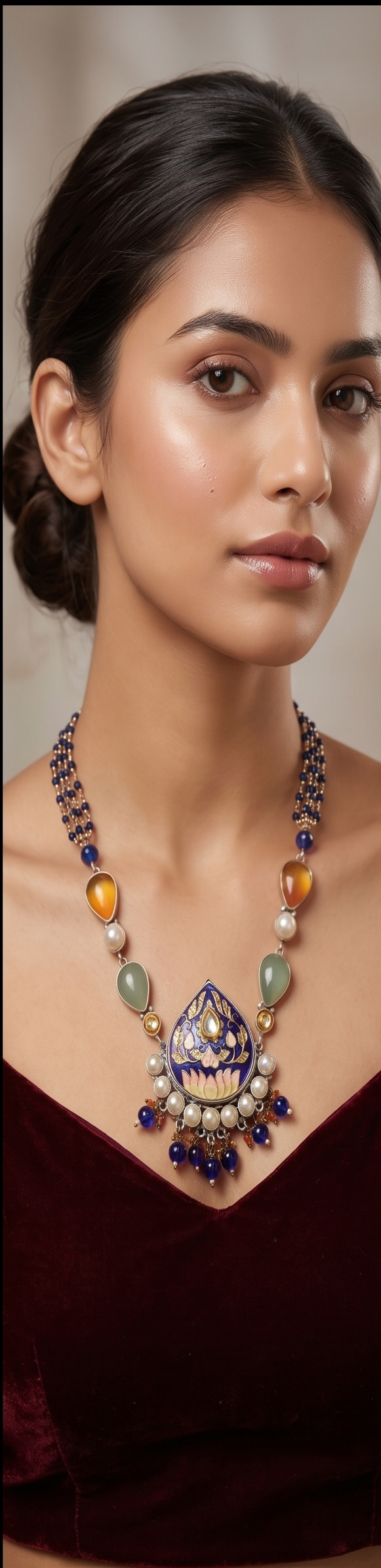 Meenakari Floral Teardrop Silver Replica Haram Set with Multi-Color Gemstone Strand