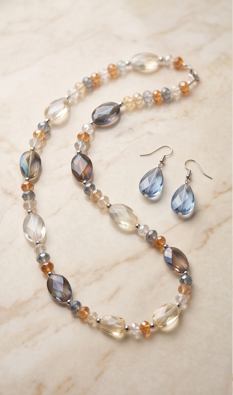 Smokey Quartz & Amber Faceted Crystal Beaded Necklace Set