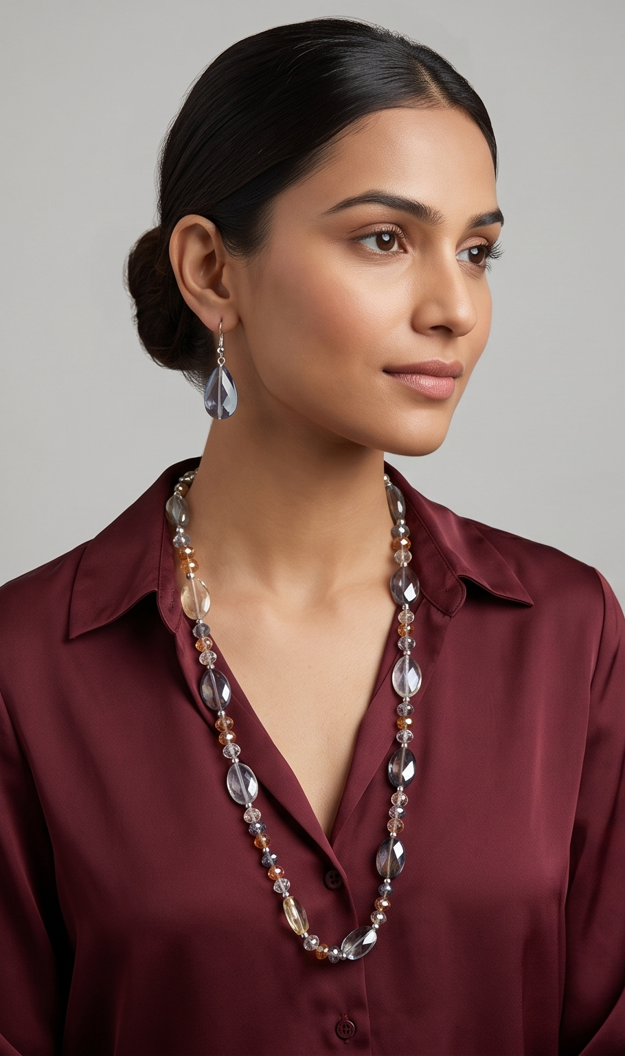 Smokey Quartz & Amber Faceted Crystal Beaded Necklace Set
