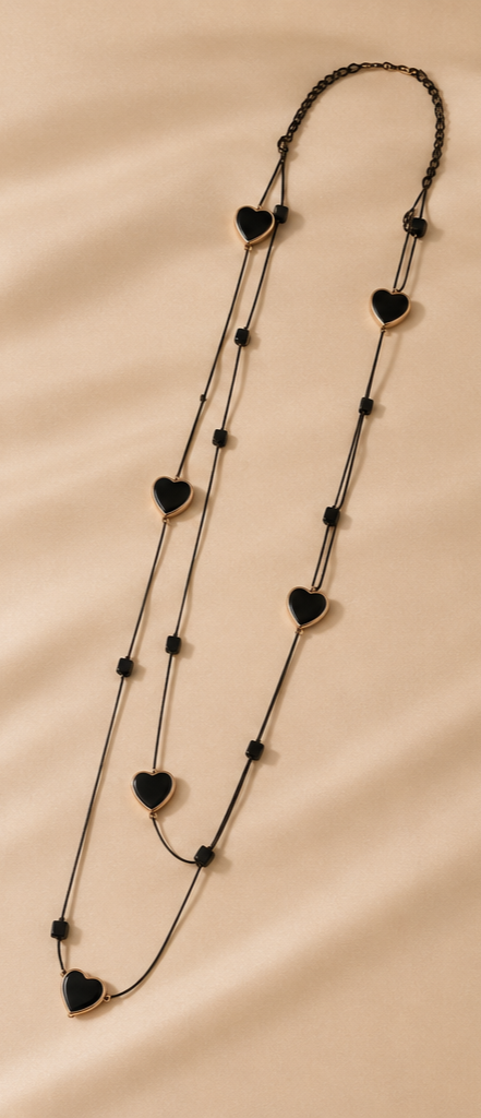Long Double-Strand Gold & Black Enamel Heart Station Necklace and Earrings Set