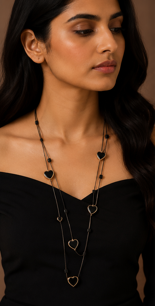 Long Double-Strand Gold & Black Enamel Heart Station Necklace and Earrings Set