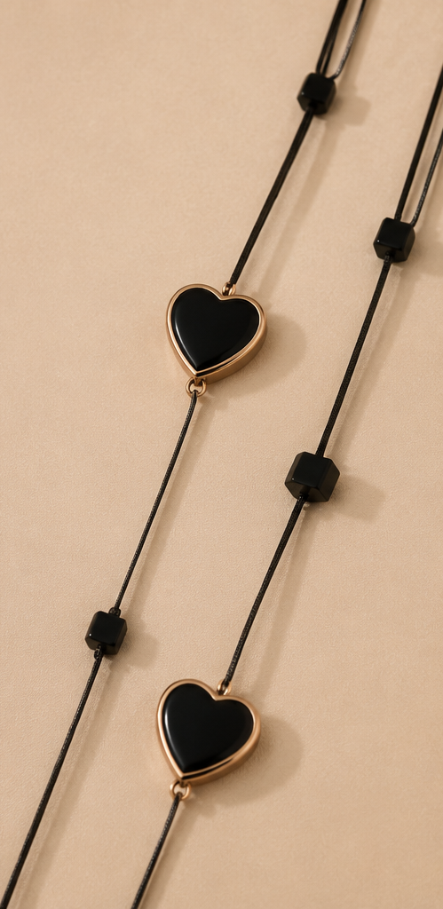 Long Double-Strand Gold & Black Enamel Heart Station Necklace and Earrings Set
