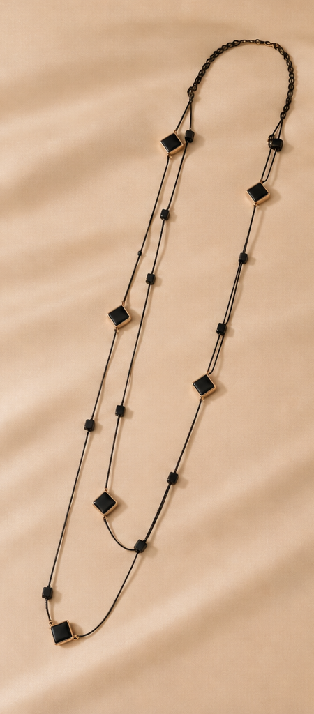 Long Double-Strand Gold & Black Enamel Heart Station Necklace and Earrings Set
